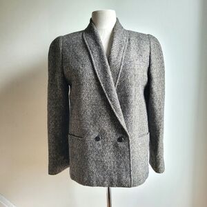 Vintage HOLT RENFREW Wool Tweed Gray Double-Breasted Herringbone Blazer Jacket 6